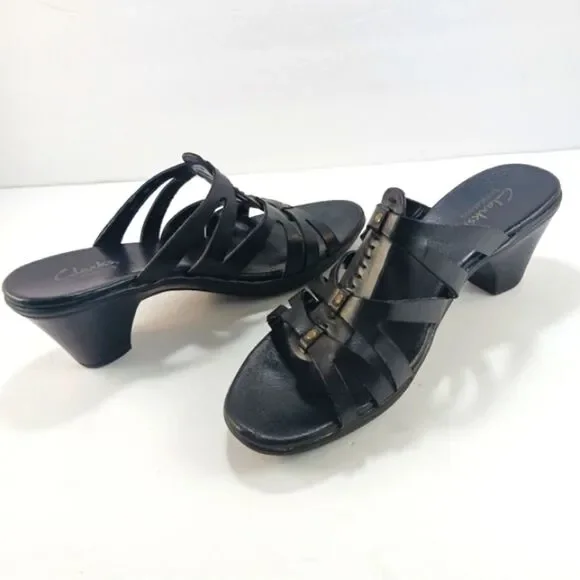 Clarks Bendables Women's Black Leather Strappy Slip- On Sandals Size 7 - Picture 4 of 13